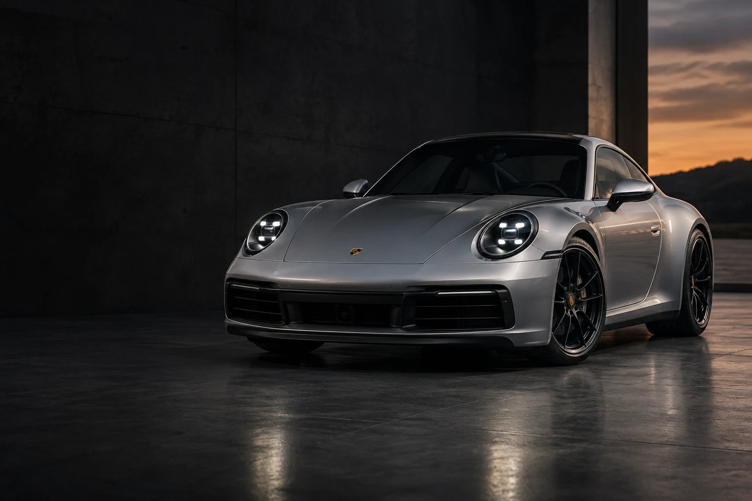 Silver Porsche 911 in a dark studio